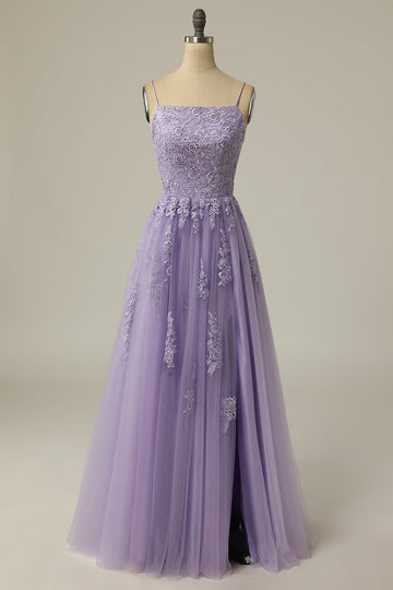 Light Purple A Line Long Sleeveless Ball Dress with Split Appliques